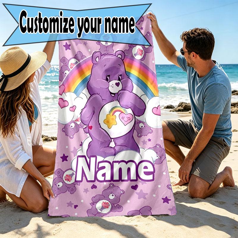 Custom Name Personalized Care Bears Print Beach Towel, for Trip Camping Beach Party Home Decor, Birthday Gift for Family & Friends