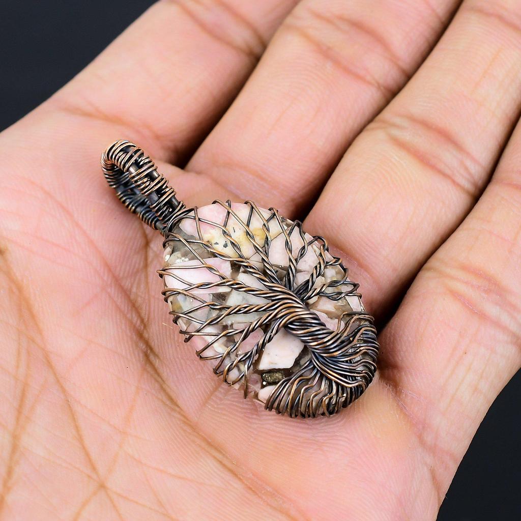 Tree Of Life Copper Rhodochrosite Gemstone Pure Copper Wire Wrapped Handmade Pendant Jewelry