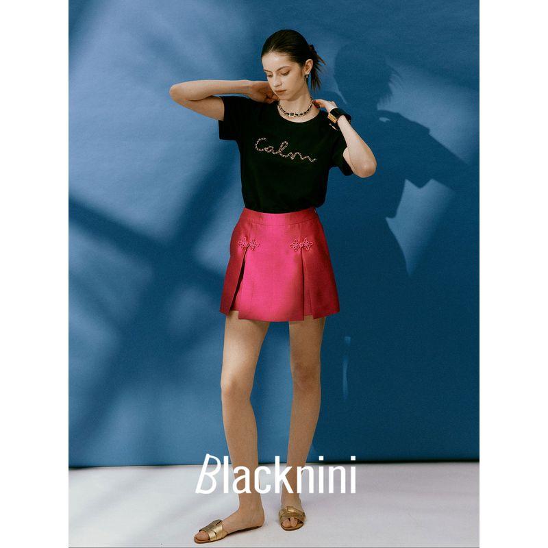 Blacknini Yin Huafu Less Is More Black and White Vertical Cut Chain Decoration round Neck T-shirt