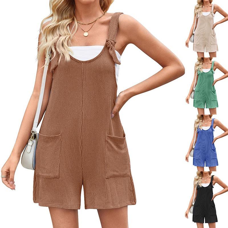 Damen Freizeit Ärmellos Taschen Gerade Locker Träger Kurzer Overall Jumpsuit