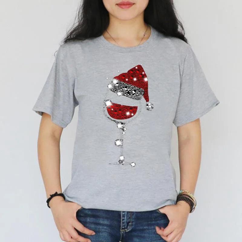 New Christmas Red Wine Glass Print Cozy T Shirt Women's Casual Round Neck Short Sleeved T-Shirt