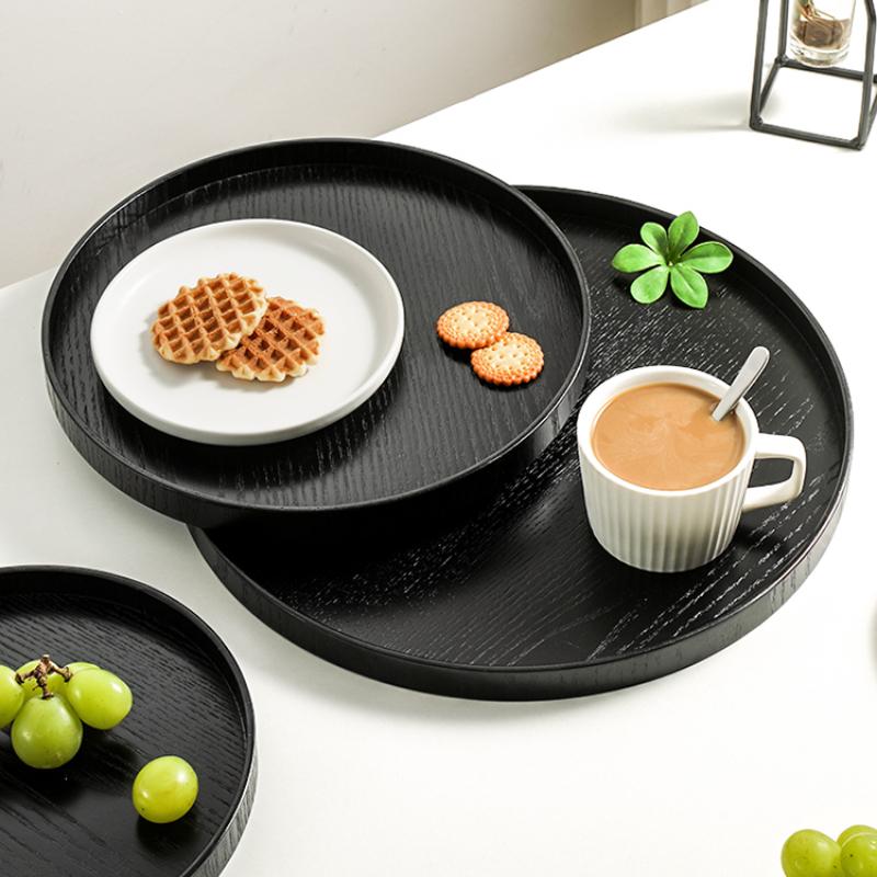 Japanese Black Wooden Tray Home Tea Tray Cosmetic Decorative Tray Coffee Snack Plate Bread Round Plate