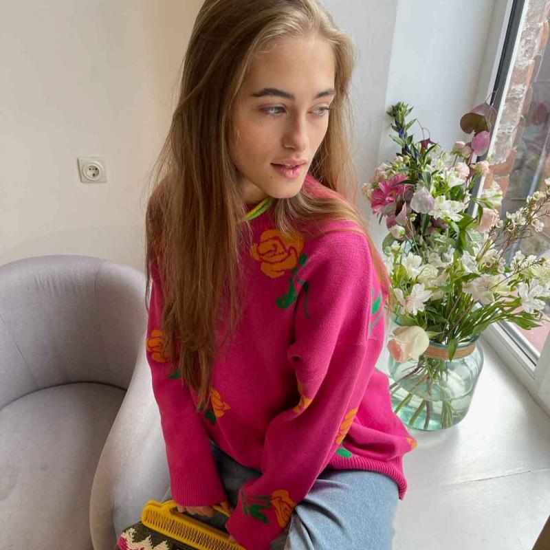 Herbst Rundhals Rose Print Gestrickte Pullover Frauen Winter Neue Mode Lose Pullover Pullover Weibliche Vintage Elegante Warme Casual Strickwaren Tops 24647