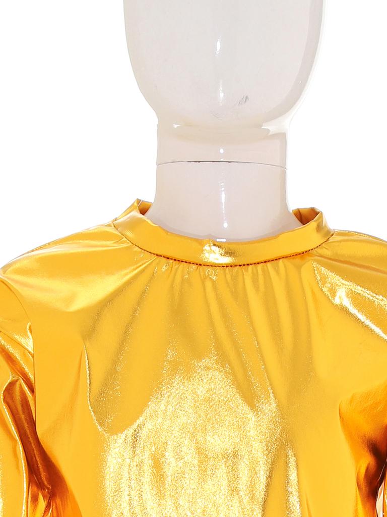 Kids Girls Dance Performance Outfit 2-Piece Set: Metallic Shiny Long Sleeve T-shirt & Matching Shiny Pants for Stage & Party