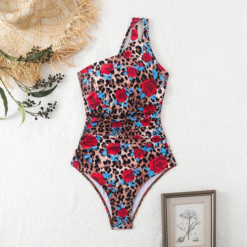 Hollow One-shoulder Swimwear Women Sexy Print Push UP One Piece Swimsuit Summer Beach Lady Bathing Suit