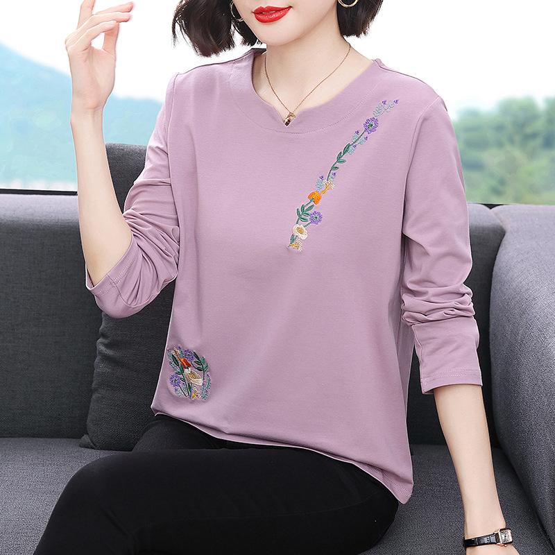 Fashion Long Sleeve T Shirt Women Mom Spring Autumn Wear Base Layer Middle Age Casual Top