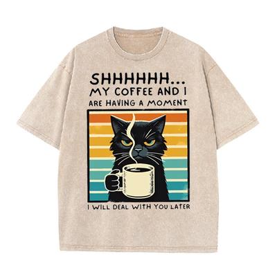 2026 T-shirt Chat Café Drôle Citation Vintage Lavé Beige Graphique Rétro T-shirt Unisexe Haut Décontracté