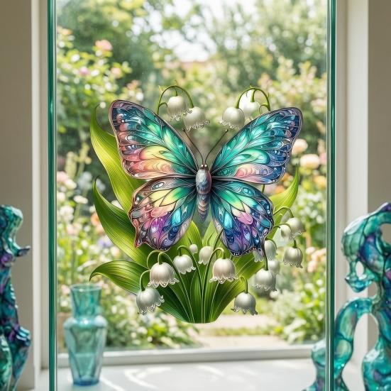 Flower Butterfly Design Window Sticker, Adhesion No Glue Waterproof Wall Decal for Living Room Bedroom Entrance Hall Home Decor