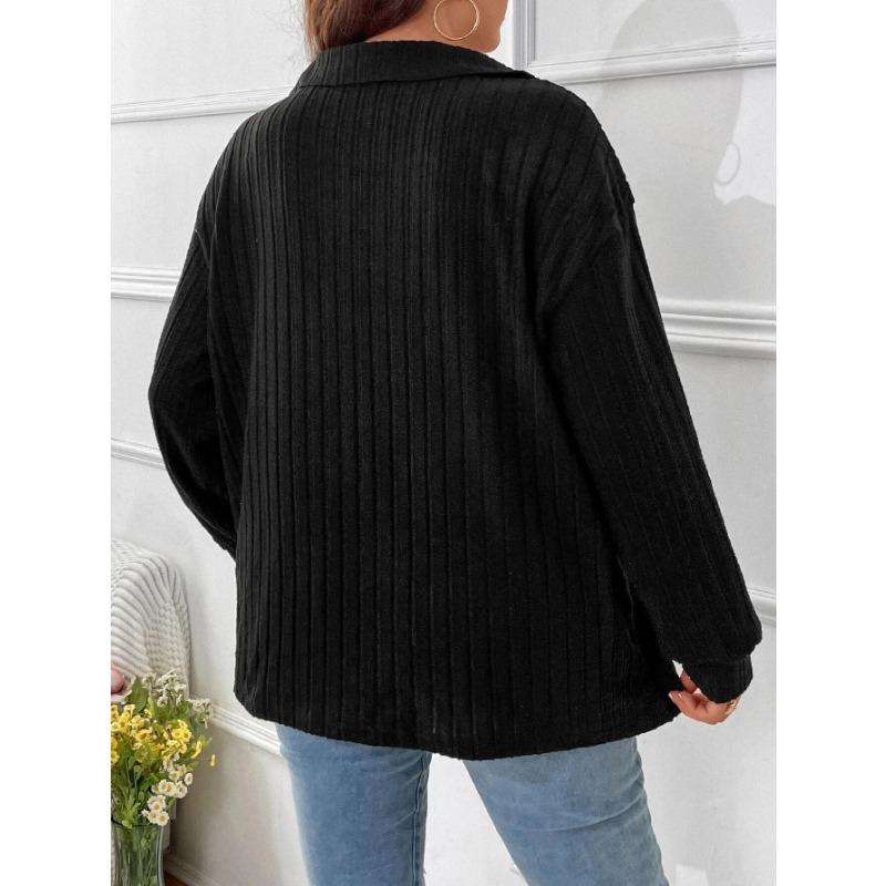 Autumn Winter Solid Color Plus Size Women's Top V-neck Long Sleeved Pit Stripe Brushed T-shirt Loose Fit