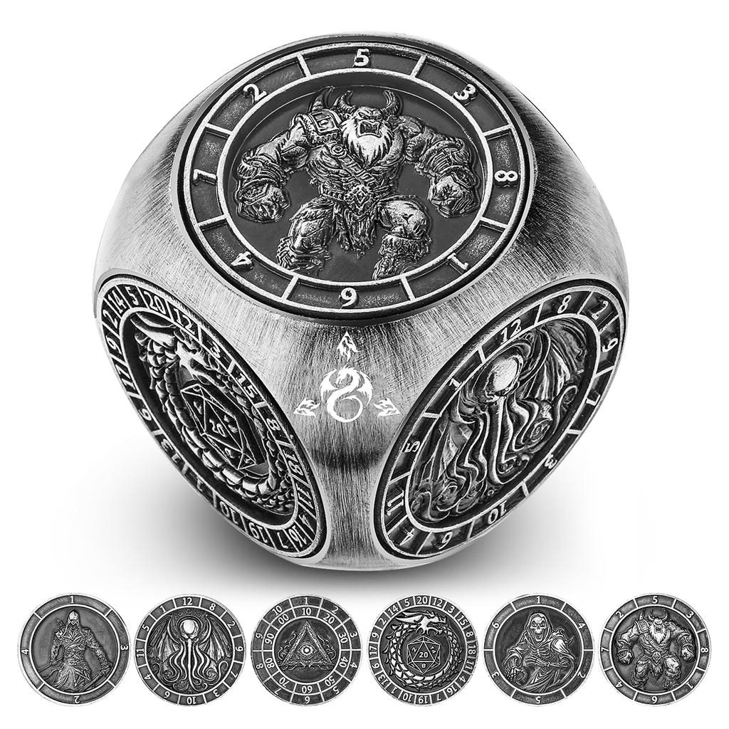 Partygeschenk Sechs-in-Eins Metall Drehende Würfel RPG Rollenspiel mit Sechs Verschiedenen Mustern Drehbarer Würfel D4/D6/D8/D10/D12/D20