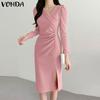 Elegant Women Long Sleeve Side Pleated Splits Casual Midi Office Dress
