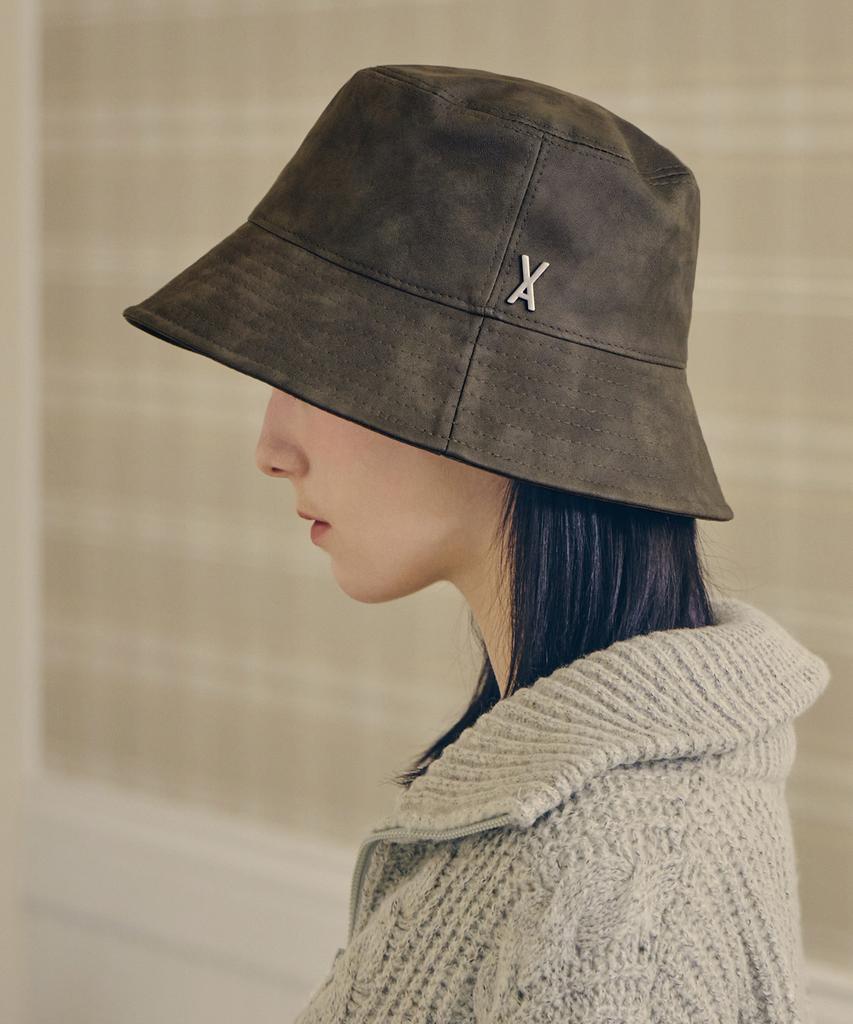 Bajal Va Studded Vegan Leather Bucket Hat Khaki Brown