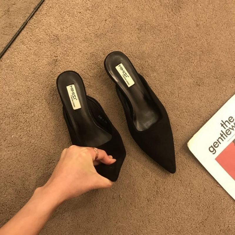 

Женские тапочки с острым носком, леопардовый узор, неглубокие туфли без застежек, на тонком низком каблуке, черные, флоковый узор, повседневные женские мюли 35 чёрный