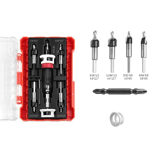Countersink Drill Bits Set with Adjustable Aluminum Depth Five Dual-Flute Bits TCT Alloy Hole Drill Bits Kit with Wrench Storage Case