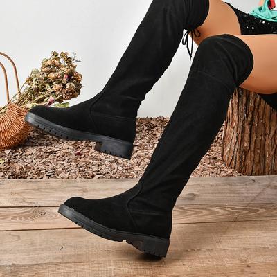 Faux Suede γυναικείες γόβες Φθινοπωρινές μπότες με φερμουάρ ελαστικές μέχρι το γόνατο για γυναίκες Tube Lace-up High Boots Gigh Black Botas Mujer