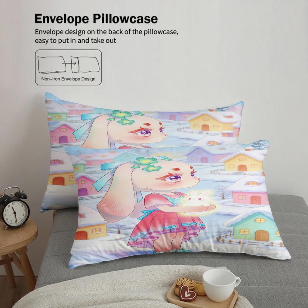 Softville Cozy Town 3PCS Bedding Sets Lop Rab Holding a Bunny Winter Pinted Duvet Cover No Filling Cartoon Style Queen King Size