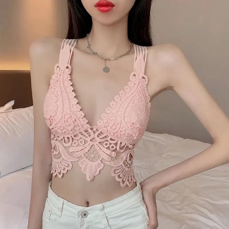 

2024 сексуальные топы для женщин, кружевной укороченный топ, женские майки с открытыми плечами и v-образным вырезом, майки без рукавов для женщин, майка с открытой спиной One Size розовый