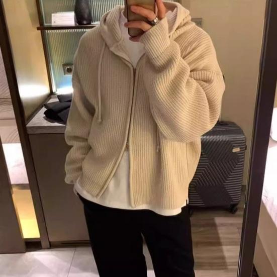 Men Fall Winter Sweater Coat Hooded Drawstring Loose Zipper Closure Long Sleeves Drawstring Mid Length Solid Color Retro Knitted Jacket