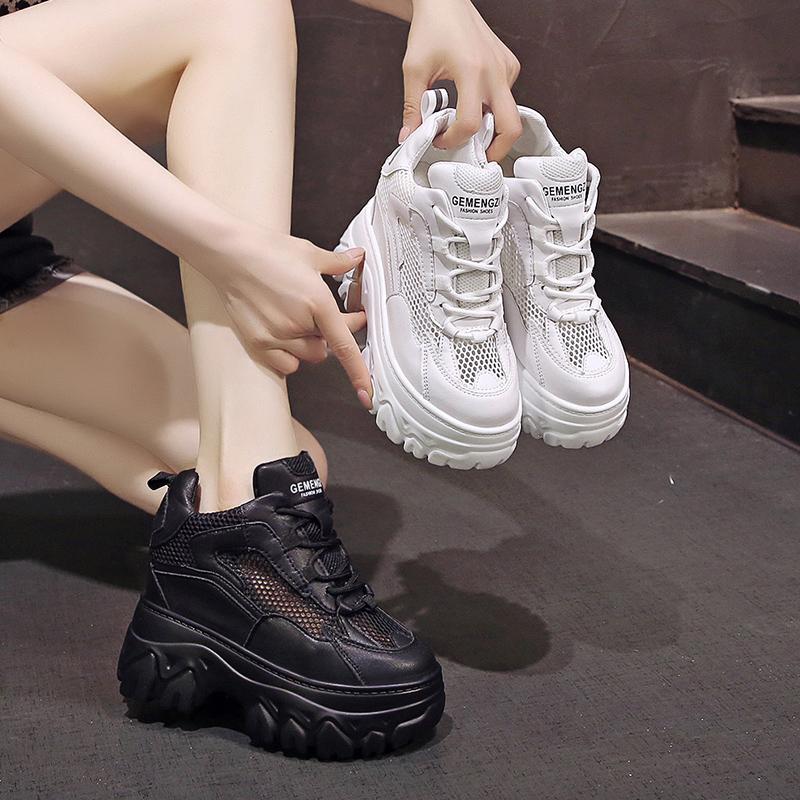 Fashion Hidden Heels White Chunky Sneakers Women Breathable Lace Up High Platform Shoes Woman 10CM Autumn Non-Slip Thick Bottom Sneakers