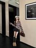 Korean Style One-Shoulder Contrast Stripe Patchwork Long-Sleeve T-Shirt with Spaghetti Straps for Women - Spring/Autumn Chic Top