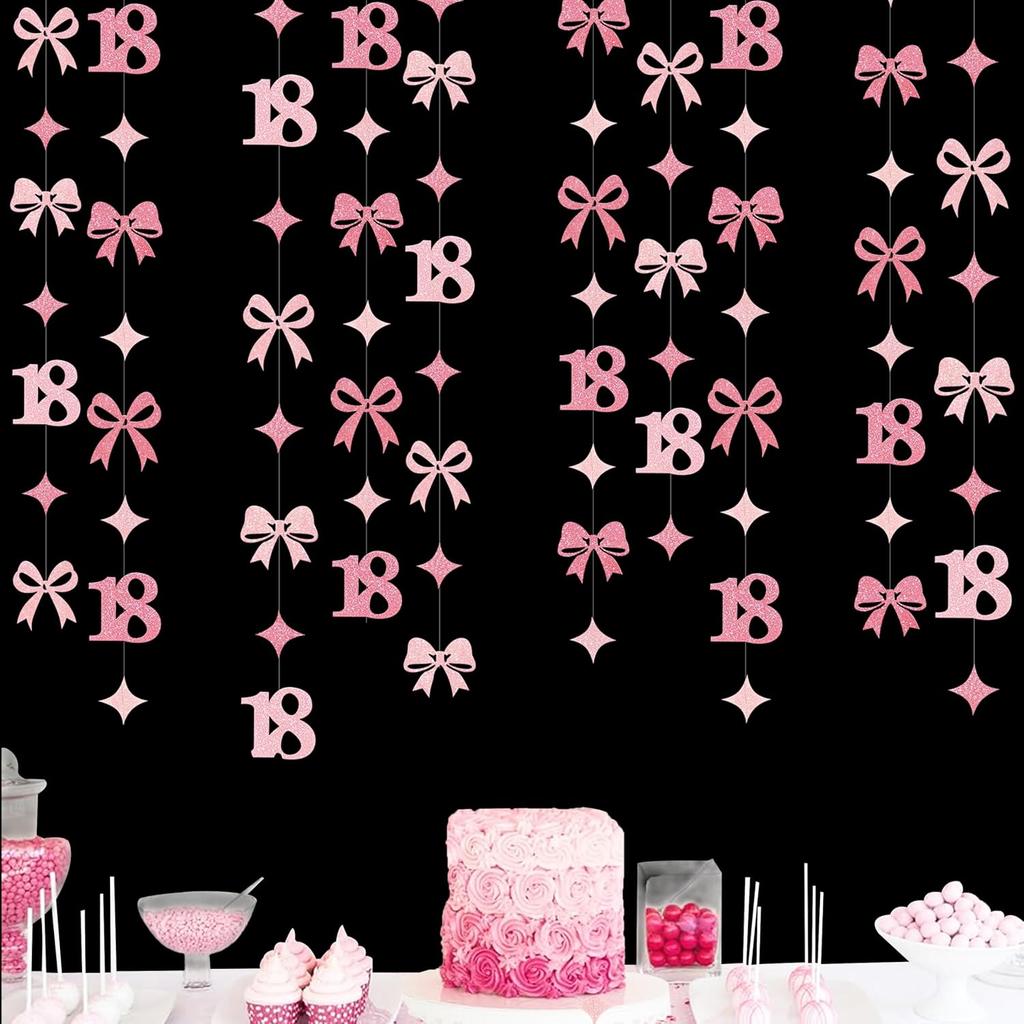 Glitter Pink 18th Bow Birthday Decorations Hot Pink Conquette Bow Garland Streamer Banner Backdrop for Girls Happy 18th Birthday Time To Adult Cheers