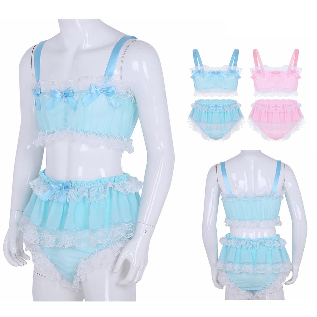 2Pcs Mens Ruffled Lace Sheer Chiffon Sissy Lingerie Set Bra Top with Skirted Petticoated Panties