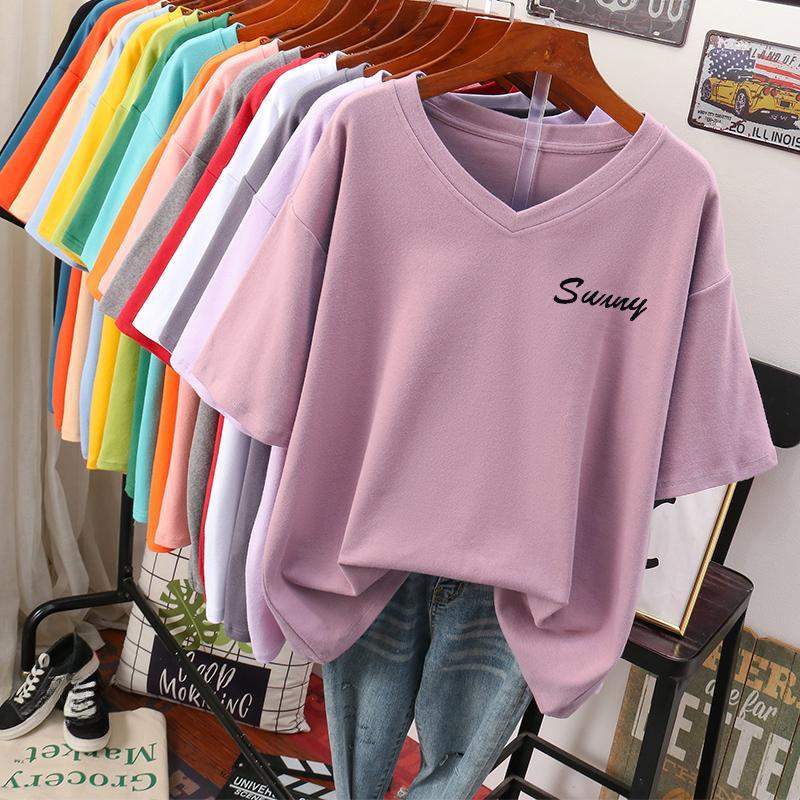 Short-sleeved T-shirt for Women Large Size Loose and Slimming Design Niche Pure Cotton V-neck Top That Covers The Belly
