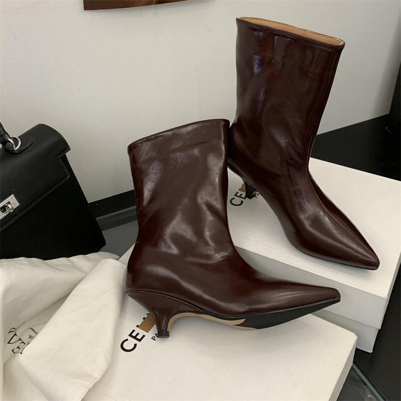 

Модные ботильоны на высоком каблуке с широким голенищем, облегающие ботильоны 2025 осень и зима, новые ботильоны в стиле ретро, однотонные ботильоны-стилет с острым носком 40 бордовый