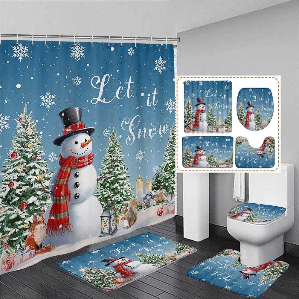Winter Weihnachten Duschvorhang Set Niedlicher Blauer Schneemann Xmas Geschenk Wald Zeder Schnee Neujahr Badezimmer Deko Duschvorleger Toilettenbezug