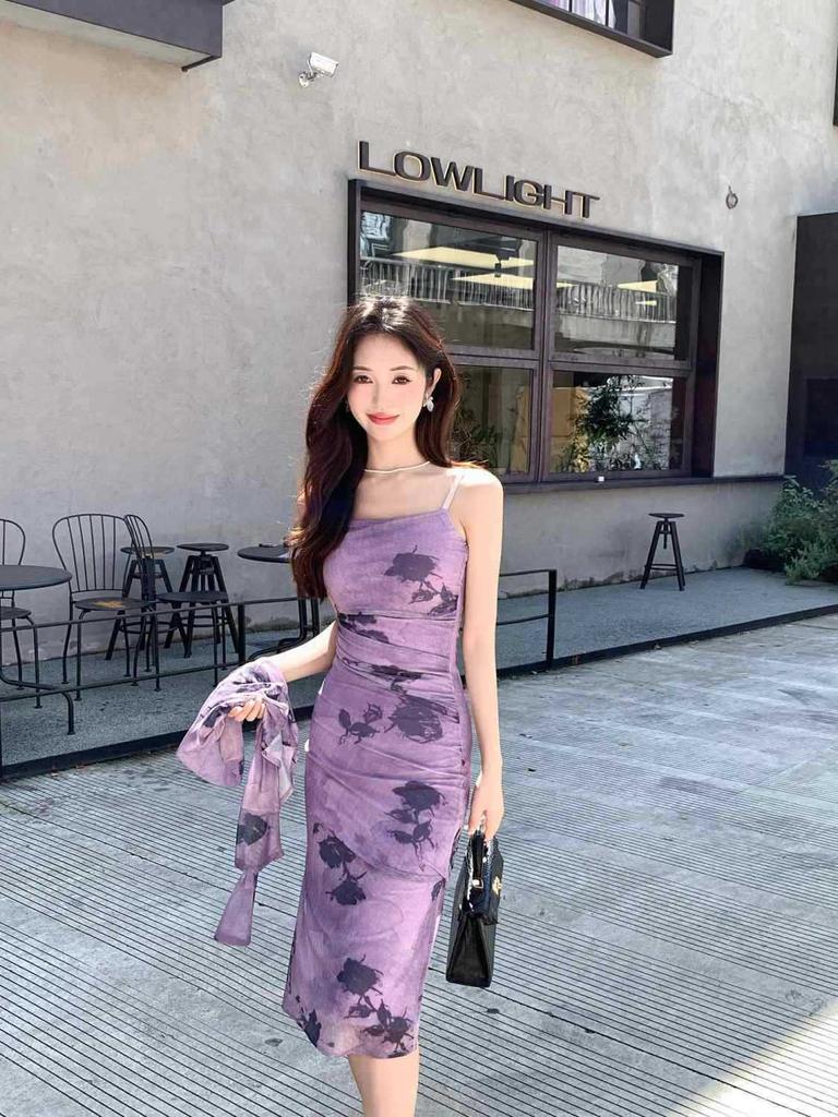 New Chinese spring dress French retro purple ink suspender skirt two-piece set high-end temperament slim dress tide