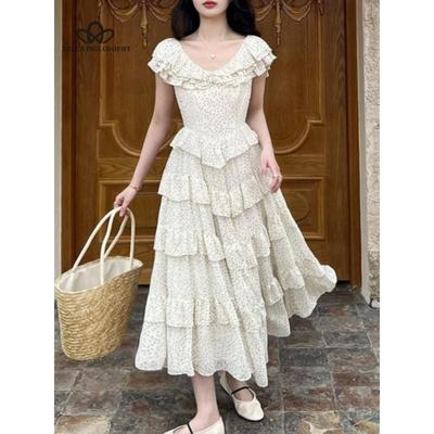 Vintage Layer Ruffles Dot Printed Maxi Dress Runway Summer Women Cake Party Dress Korean Street Holiday Beach Dress