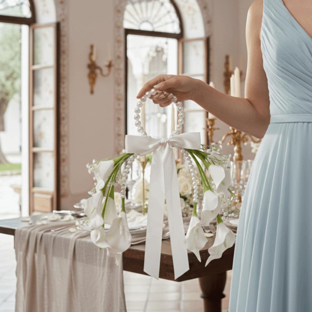 Satin Bowknot Wedding Flowers White Blossom Top Handle Bouquet Bridal Bouquet  Engagement Party