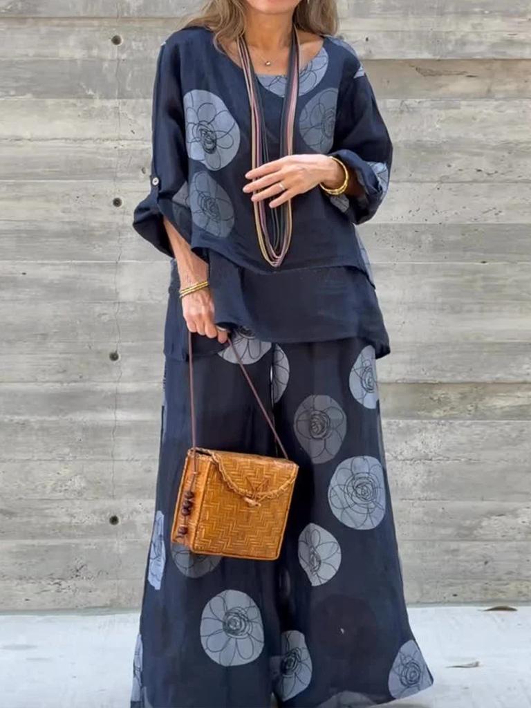 Women Bohemian Floral Print Two Piece Set V Neck Top Wide Leg Pants Casual Vacation Outfit