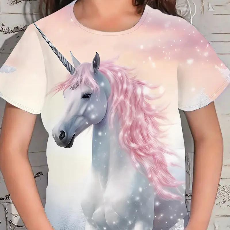 Nowy kreskówkowy T-shirt dziecięcy T-shirt z krótkim rękawem luźny casualowy wzór z koniem topy dla dziewczynek