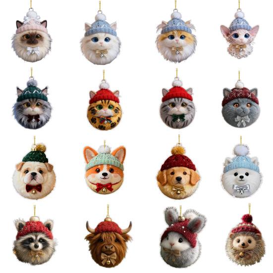 Plush Pet Shaped Ornament 2D Acrylic Cat Dog Rabbit Christmas Tree Ornament Cozy Winter Animal Charm for Car Rearview Mirrow Window Decor