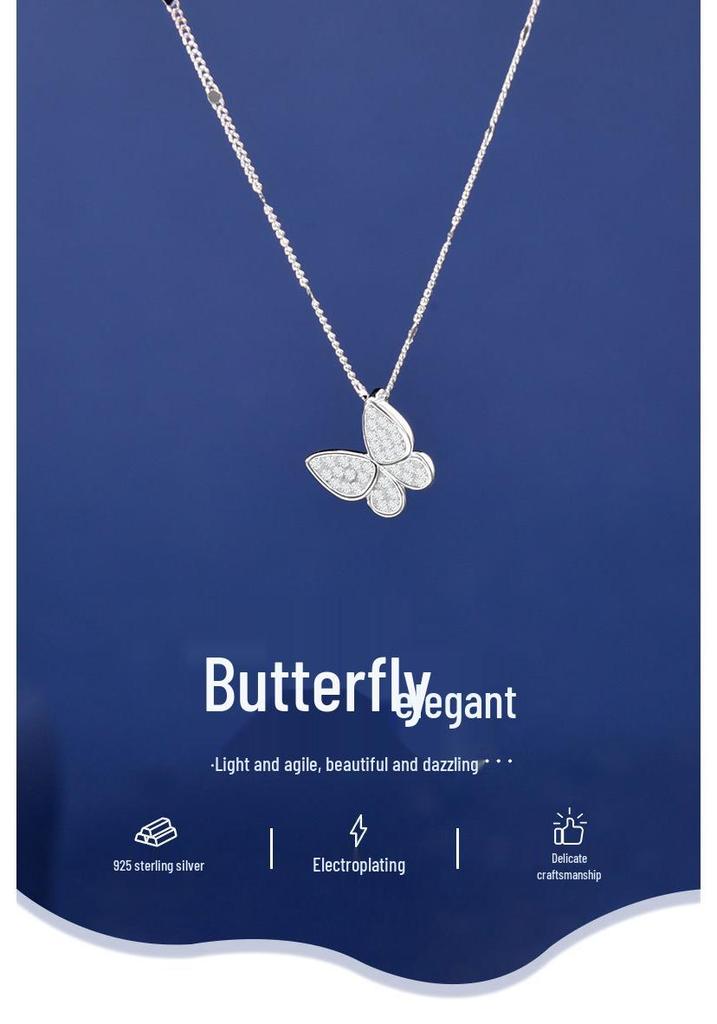 S925 Sterling Silver Diamond Butterfly Necklace - Women's Elegant Fairy Clavicle Chain Birthday Gift.
