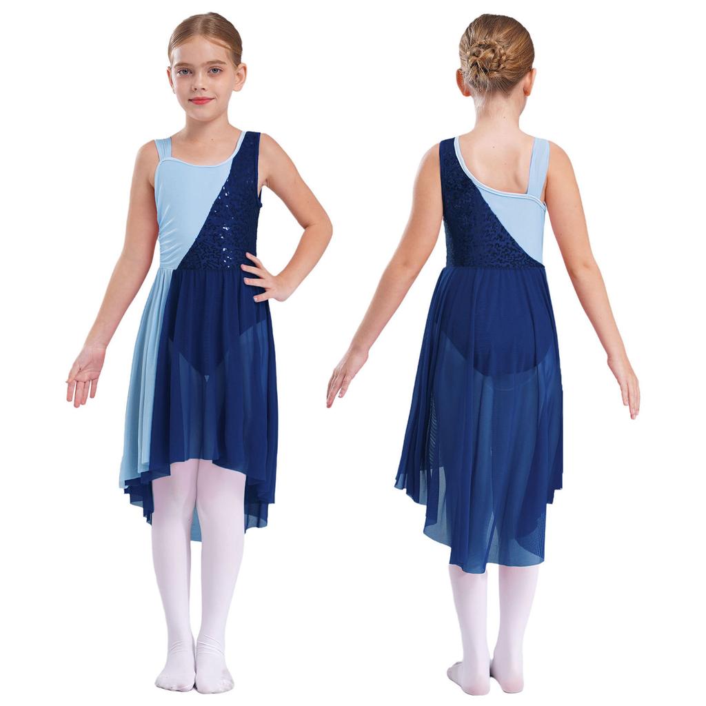 Kids Girls Contrast Color Stylish Sleeveless Round Neckline Shiny Sequins Decorated Irregular Hem Dance Dress