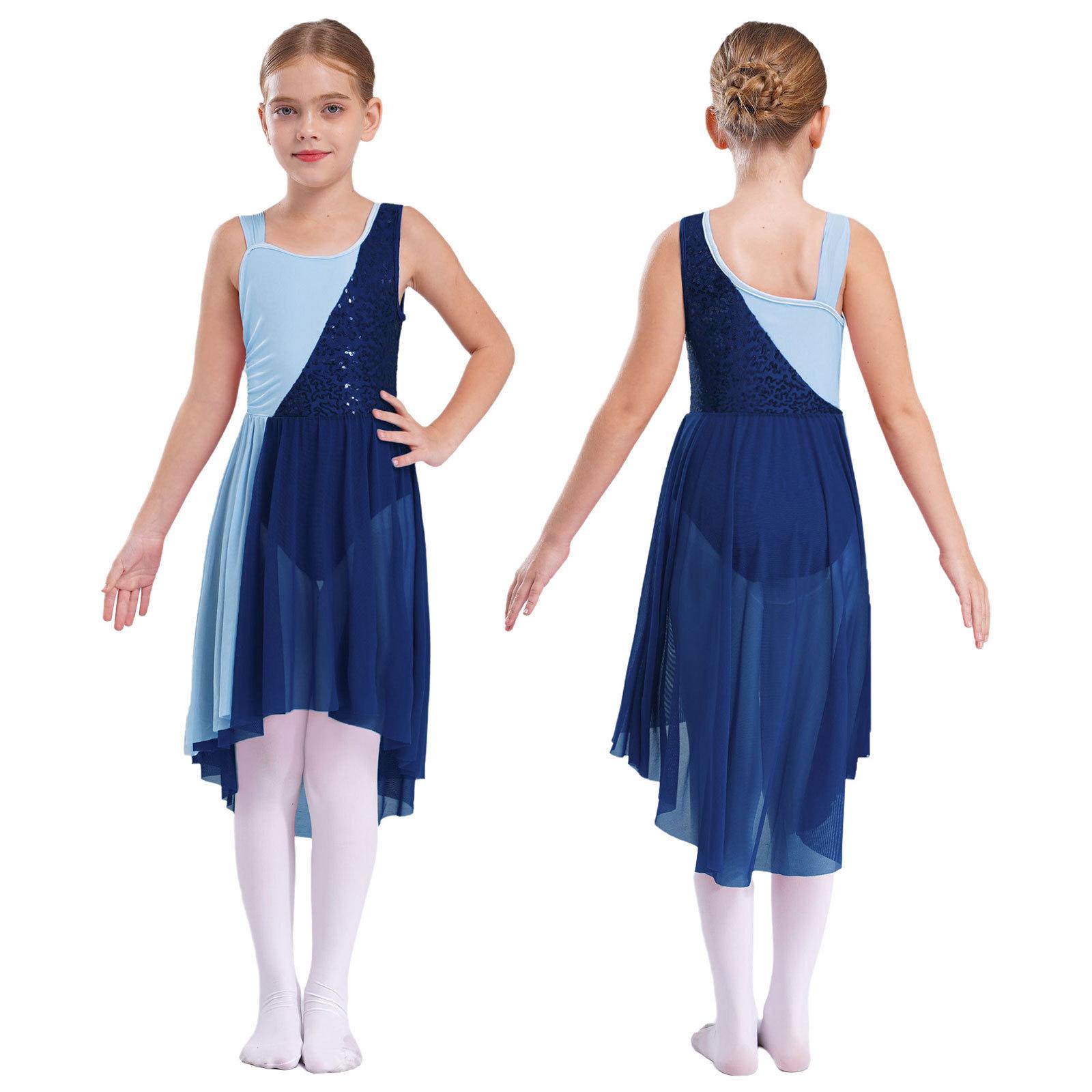 

Детское танцевальное платье контрастного цвета без рукавов с круглым вырезом и блестящими пайетками, украшенное неровным подолом 11-12 Years темно-синий