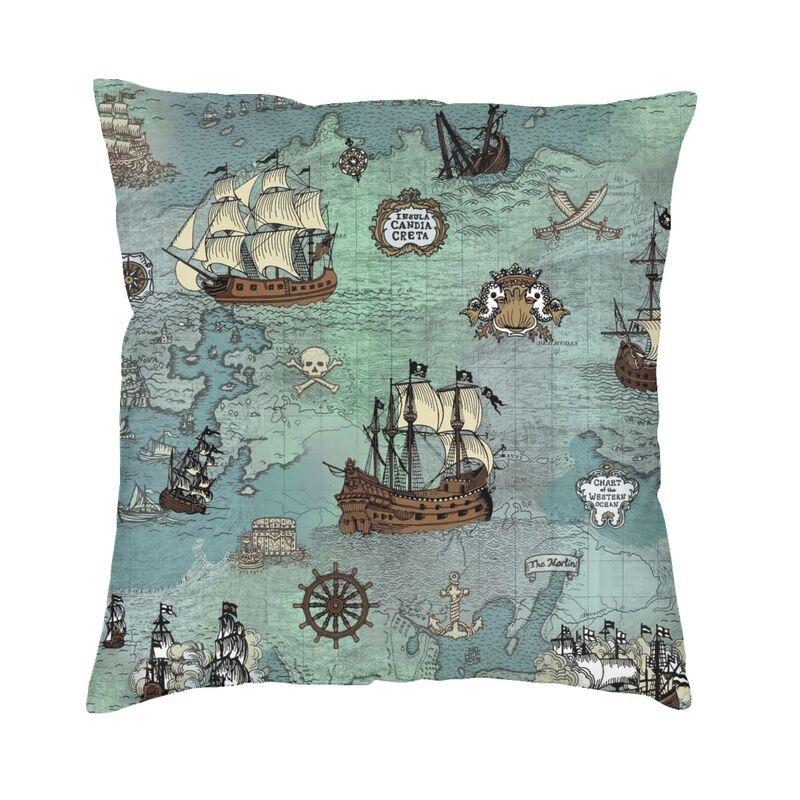Pirate Map Nautical Sea Print Square Pillowcover Home Decor Skull Sailor Cushions Throw Pillow Living Room Doublesided Printing