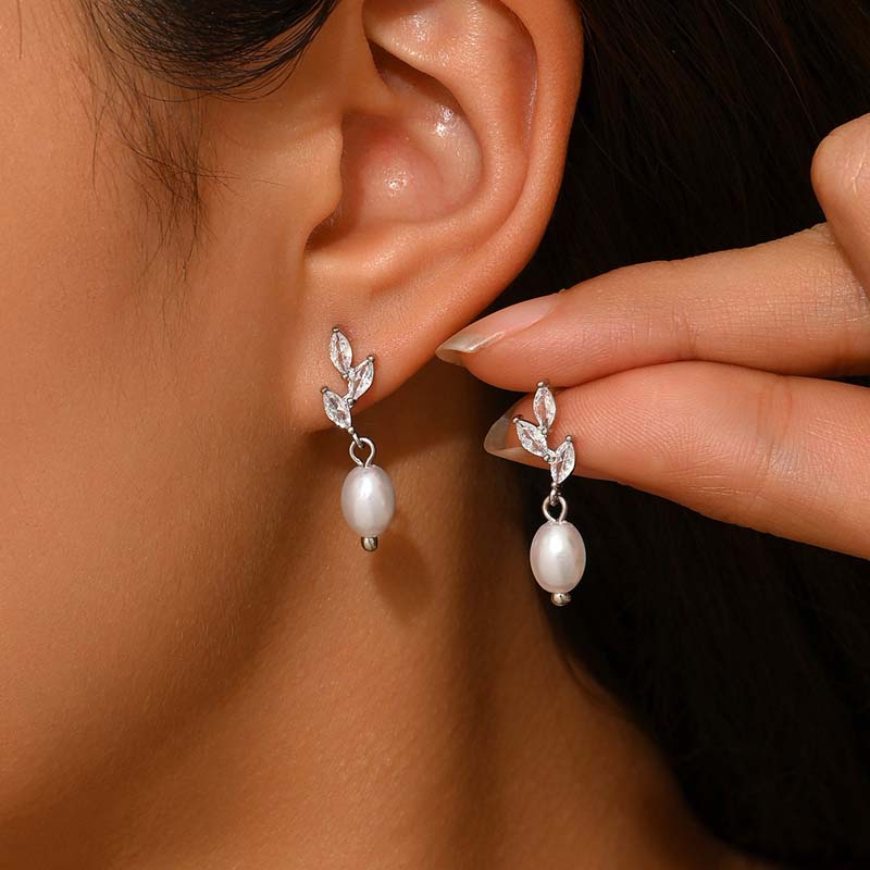 Luxury Shiny Zircon Leaf Drop Earrings For Women Elegant Imitation Pearl Water Drop Dangle Earring Wedding Jewelry Gift серебряный