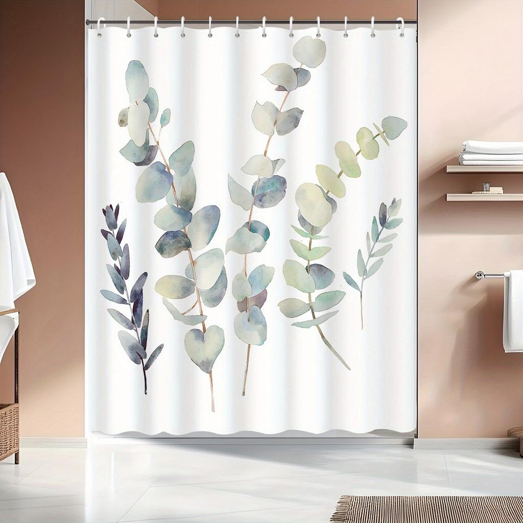 1pc 2D Flat Printing Watercolor Style Green Leaf Decorative Shower Curtain, with 12 Hooks, Bathroom Accessory, 2D Flat