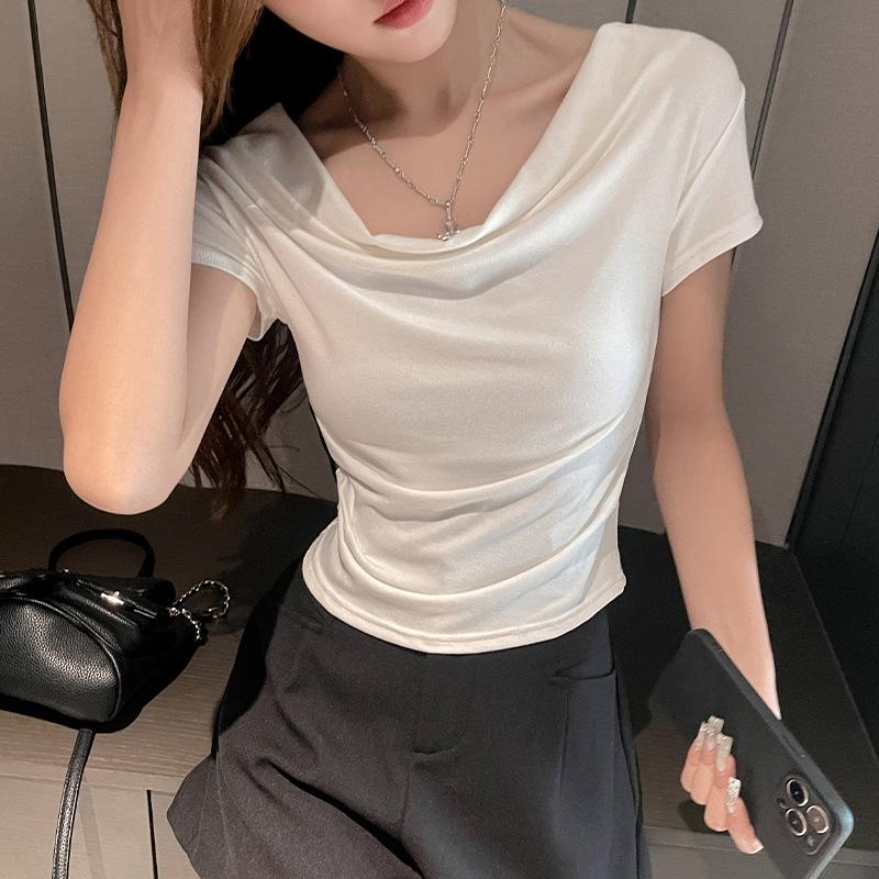 Spring and Summer Solid Color One-word Shoulder Short-sleeved T-shirt Short-sleeved Women's Design Sense Slim and Thin Stacked Scarf Collar Top
