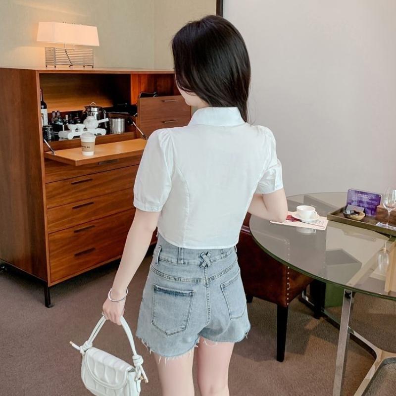 Summer Women's Bubble Sleeve Zip Cardigan Shirt Short Fashion Drawstring Waist Chic Niche Tops with Design