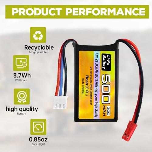 2PCS 7.4V 500mAh 30C Lithium Batteries with JST-2P Plug for Remote Control Helicopters, 4-Axis Airplanes, Small Aircraft, FPV Racer Drones, RC Cars, T