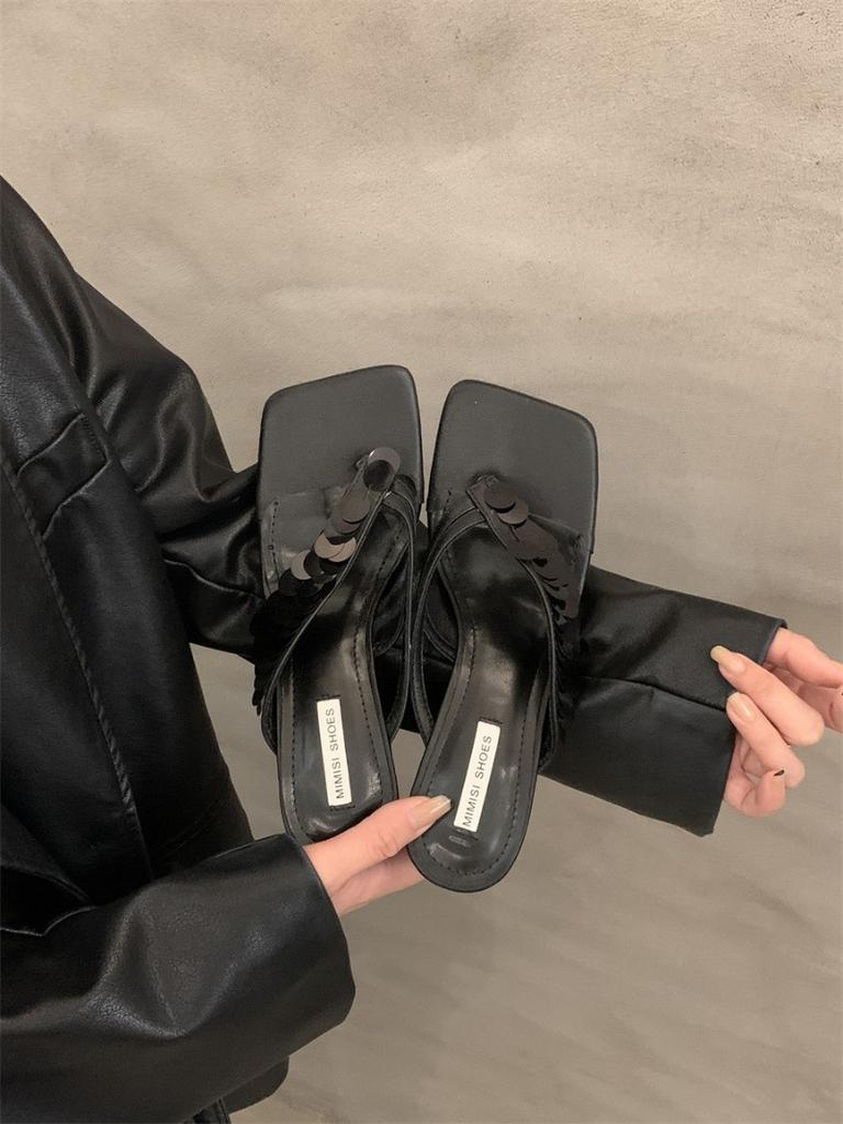 New French Stiletto Flip-flops for Summer 2024, Niche Design, Sequined High-heeled Sandals