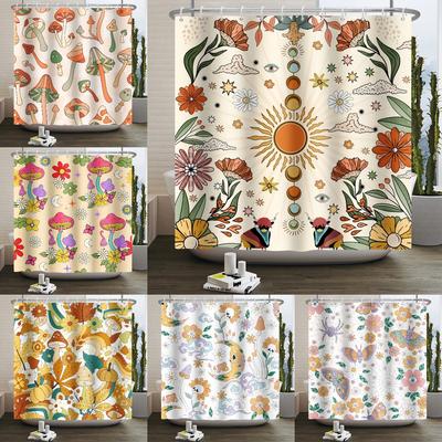 Unframed 70s Vintage Rainbow Shower Curtain, Mushroom Moon Hippie Flower Sun Moon Butterfly Botanical Vintage, Bathroom Decorati