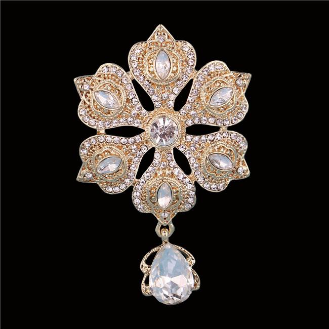 DIEZI Luxury Gold Silver Color Crystal Flower Bridal Brooches for Wedding Women Party Rhinestone Bouquet Water Drop Brooch Pins