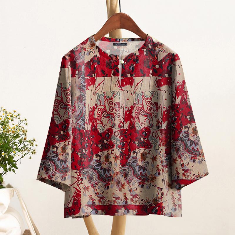 

ZANZEA Женская свободная повседневная блузка с этническим принтом и рукавом 3/4 L красный