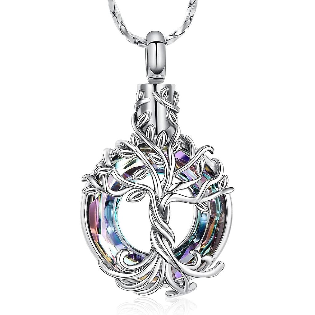 Imrsanl Tree of Life Urn Necklace for Men Women Cremation Jewelry with Circle Crystal Memorial Keepsake Jewelry Gifts for Human Adult Ashes
