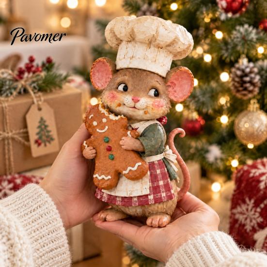 Gingerbread Baker Statue Mouse Figurine, Whimsical Hand-painted Mice with Cookie, 6.7'' Cottagecore Cute Chef Ornament Xmas for Mantel Tabletop